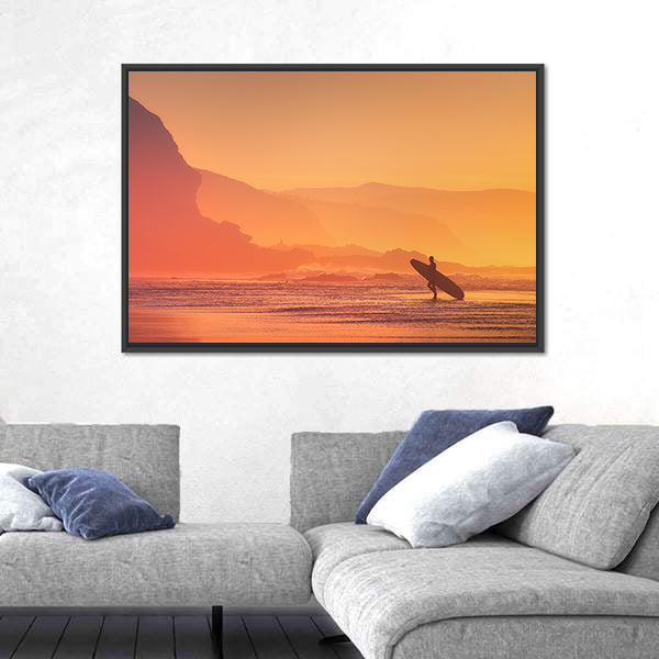 Surfer Silhouette At The Sunset Canvas Wall Art