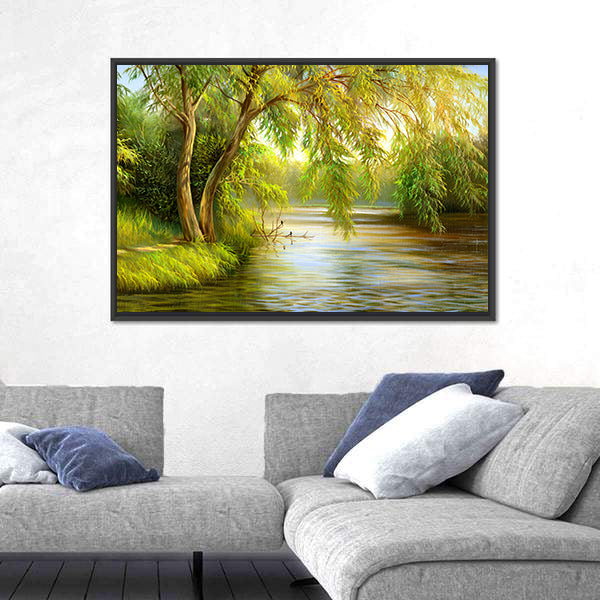 Summer Riverbank with Weeping Willow Canvas Wall Art