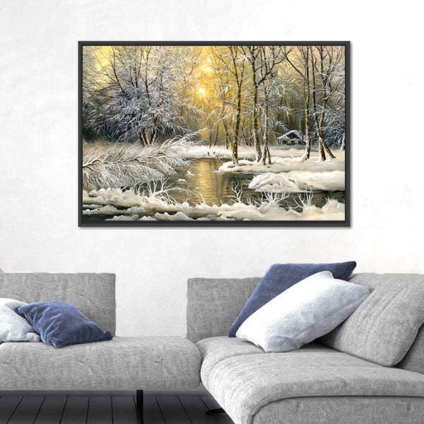 Winter Wooden Forest Lake Canvas Wall Art