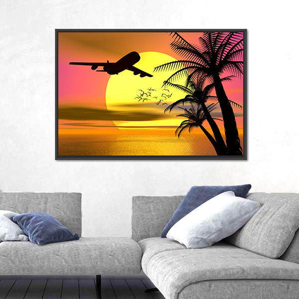 Tropical Sunset With Airplane Canvas Wall Art