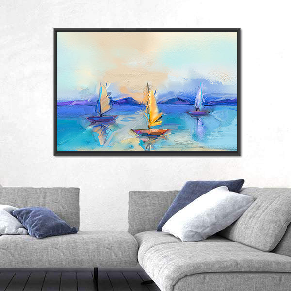 Textured Oil Seascape with Three Sailboats Canvas Wall Art