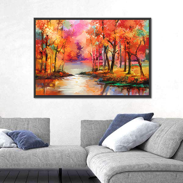 Autumn Forest with River Canvas Wall Art