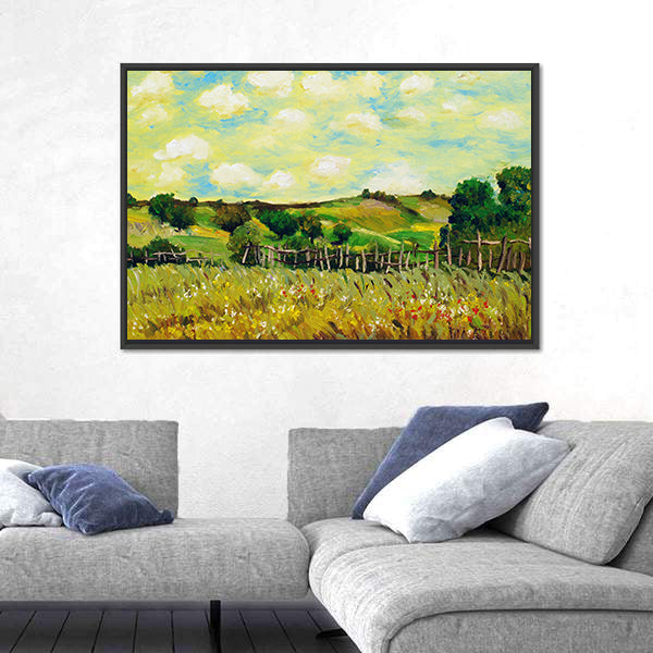 Sunlit Rolling Green Farm Fields Painting Canvas Wall Art