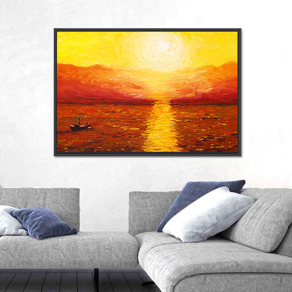Sunset Sea with Boat Oil Painting Canvas Wall Art