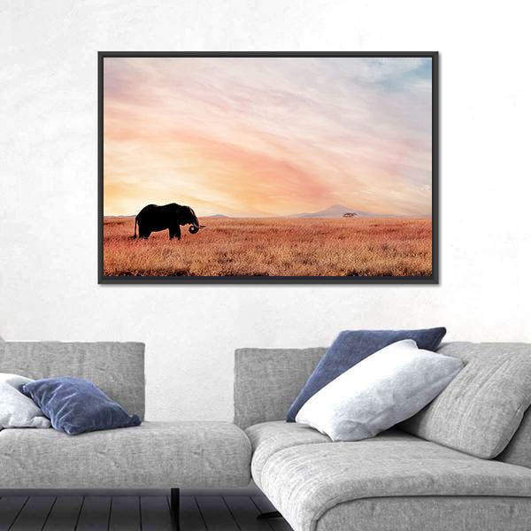 Lonely Elephant In Savannah Sunset Canvas Wall Art