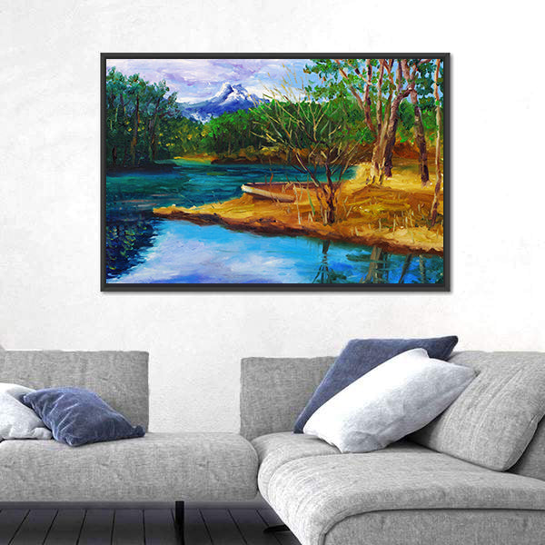 Autumn Lake with Rowboat and Mountain Reflection Canvas Wall Art