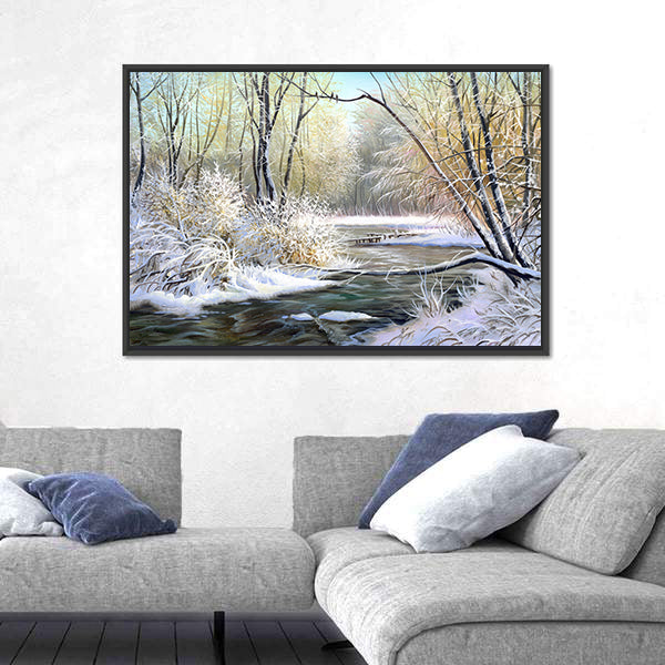 River In Winter Forest Canvas Wall Art