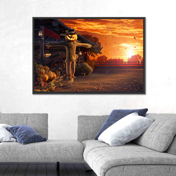 Pumpkin Scarecrow at Autumn Sunset Canvas Wall Art