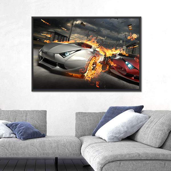 Futuristic Street Car Chase Canvas Wall Art
