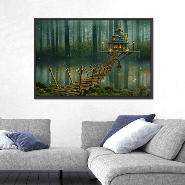 Fairy House on Tree Trunk with Rope Bridge Canvas Wall Art
