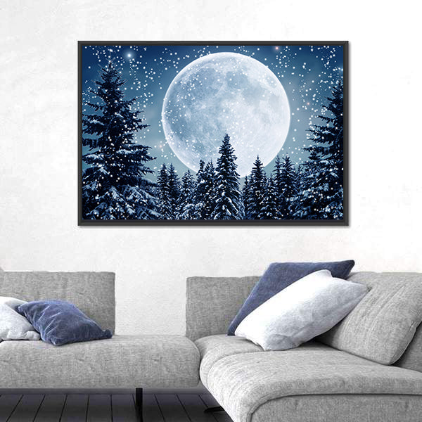 Winter Scene In Full Moon Canvas Wall Art