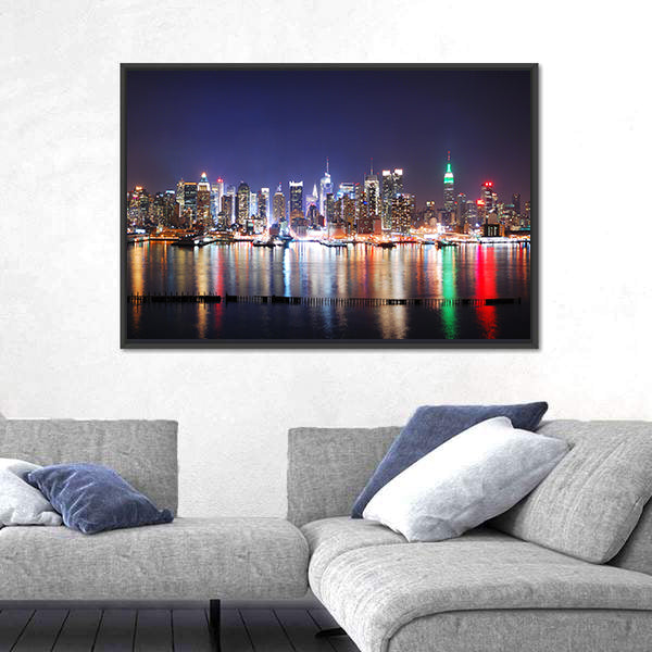 Times Square Reflections Over Hudson River Canvas Wall Art