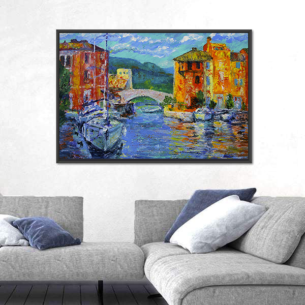 Port Grimaud Canal Scene with Sailboat Canvas Wall Art