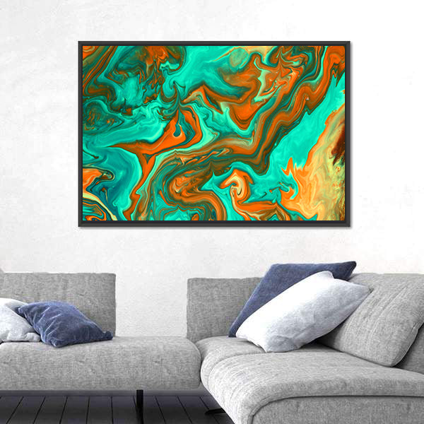 Turquoise and Orange Liquid Abstract Canvas Wall Art