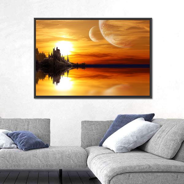 Alien Planet Sunset with Twin Moons Canvas Wall Art