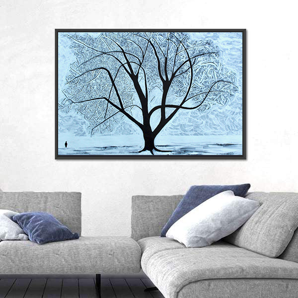 Snowy Tree with Lone Figure Canvas Wall Art