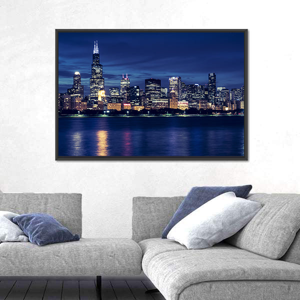 Chicago Skyline By Night Canvas Wall Art