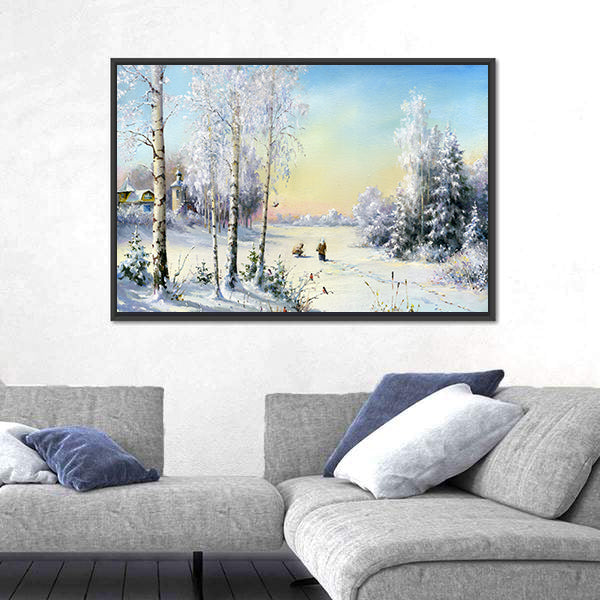 Frozen Lake In Winter Village Canvas Wall Art