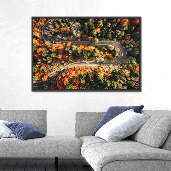 Winding Mountain Road Through Forest In Autumn Canvas Wall Art