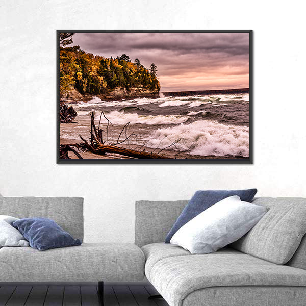 Driftwood on Autumn Lakeshore Canvas Wall Art
