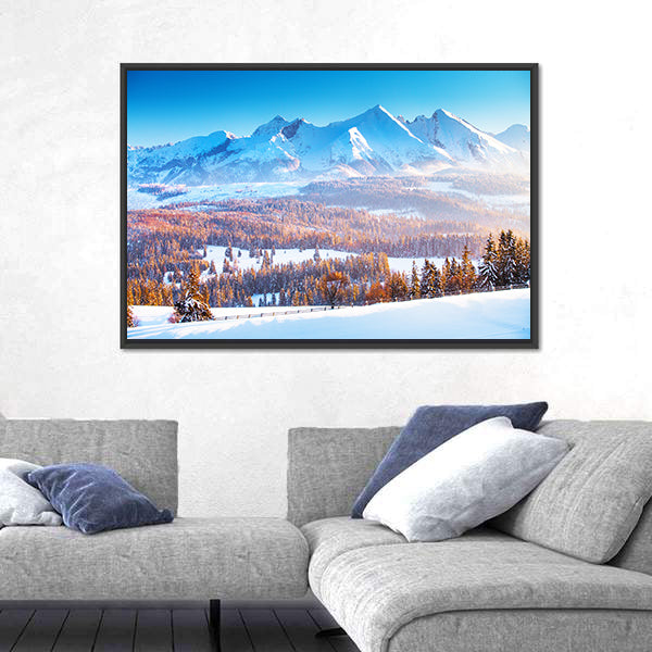 Snowy Mountain Peaks In Frosty Morning Canvas Wall Art