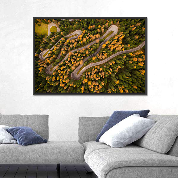 Curvy Road In Autumn Forest Canvas Wall Art