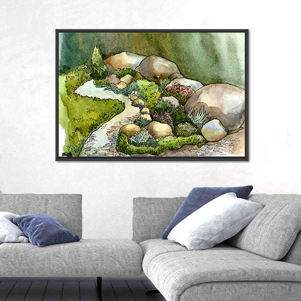 Watercolor Creek in Rock Garden Canvas Wall Art