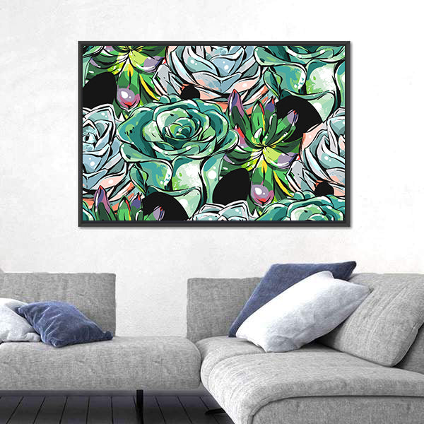 Succulent Cacti Flowers Pattern Canvas Wall Art