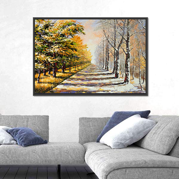 Autumn Walkway with Snow Canvas Wall Art