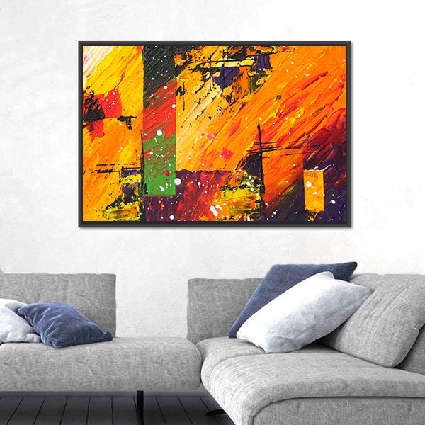 Energetic Orange Abstract with Green Block Canvas Wall Art