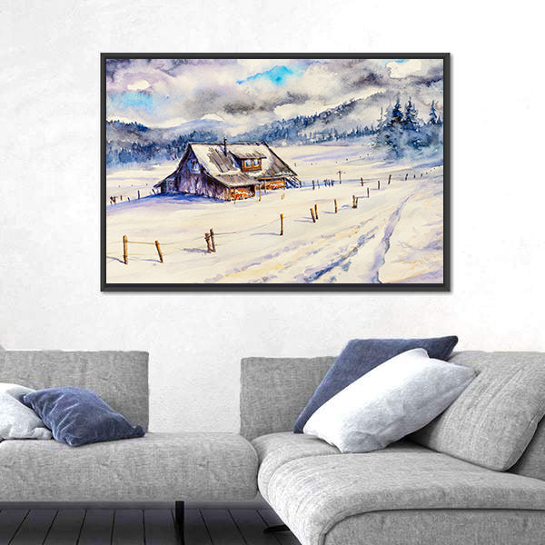 Snowy Cottage in Winter Mountains Canvas Wall Art