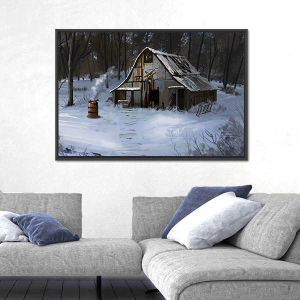 Small Cottage House In The Winter Forest Canvas Wall Art