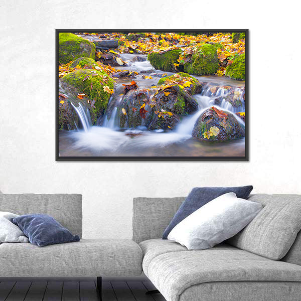 Cascade Waterfall In Autumn Forest Canvas Wall Art
