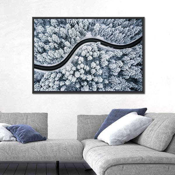 Curvy Windy Road In Snow Covered Forest Canvas Wall Art