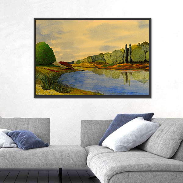 Golden River Bend Watercolor Canvas Wall Art