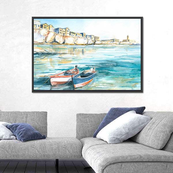 Two Rowboats in Sunny Coastal Watercolor Canvas Wall Art