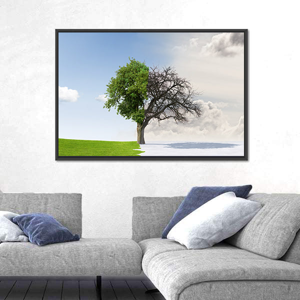 Tree Split Between Summer and Winter Canvas Wall Art