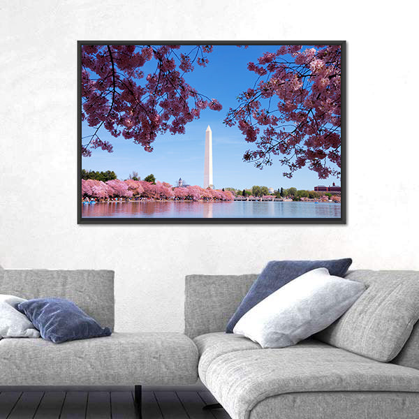 Cherry Blossom And Washington Monument Over Lake Canvas Wall Art