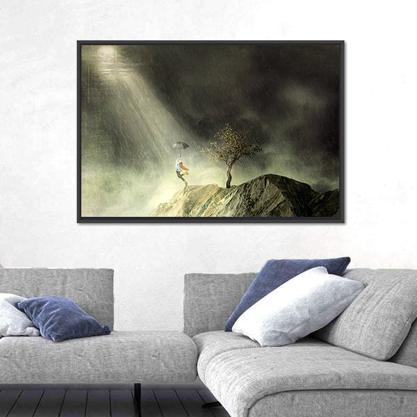 Person with Umbrella on Rainy Cliff Canvas Wall Art