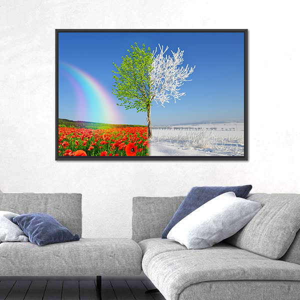 Split-season Tree with Poppies and Snow Canvas Wall Art