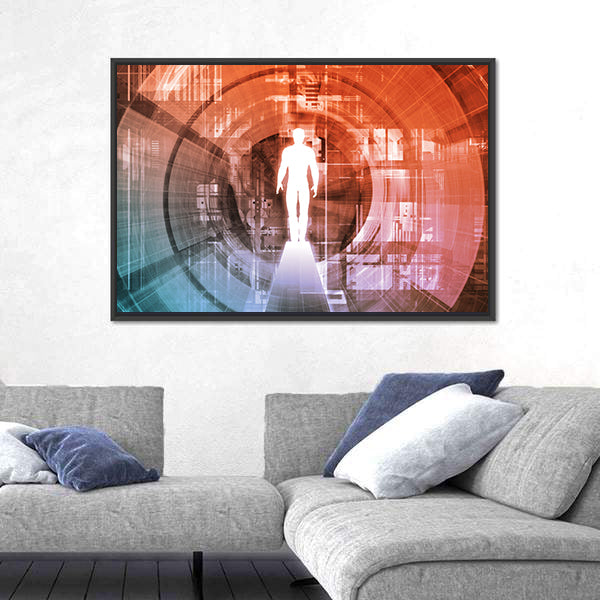 Technology Gateway with Glowing White Figure Canvas Wall Art
