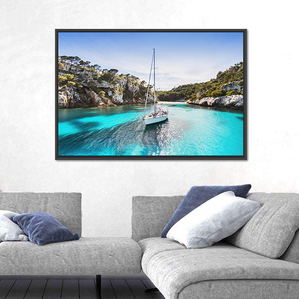 Anchored Sailboat in Turquoise Bay Canvas Wall Art