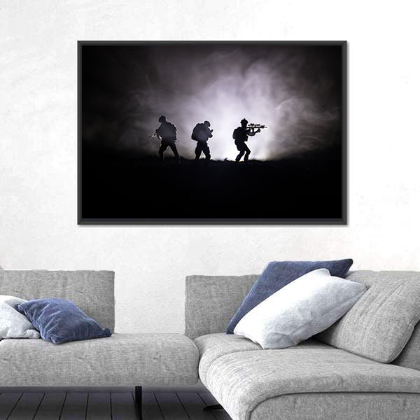 Military Soldier Silhouette With Gun Canvas Wall Art