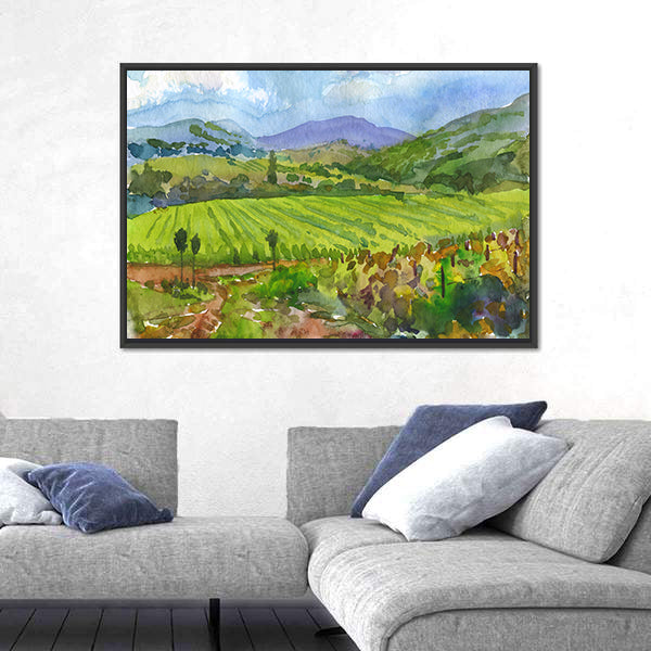 Watercolor Vineyard Landscape Canvas Wall Art