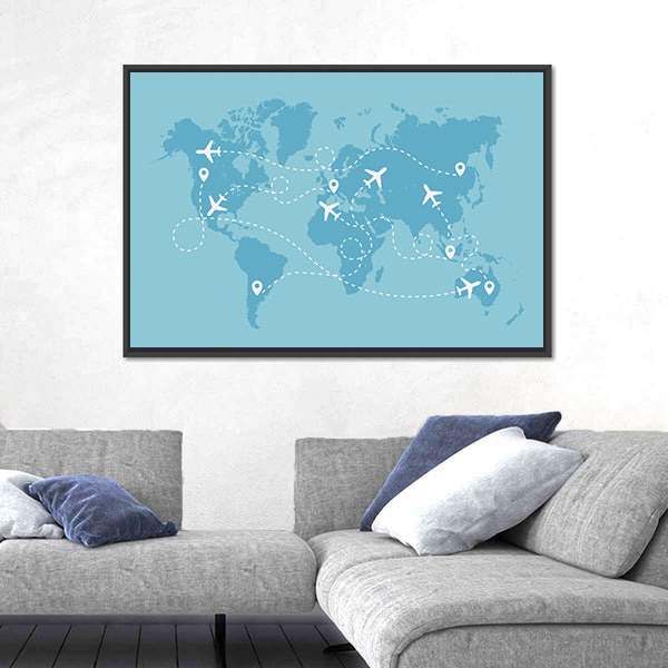 Airplane Travel Route On World Map Canvas Wall Art