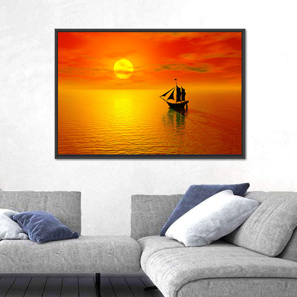Old Boat Sunset Silhouette Canvas Wall Art