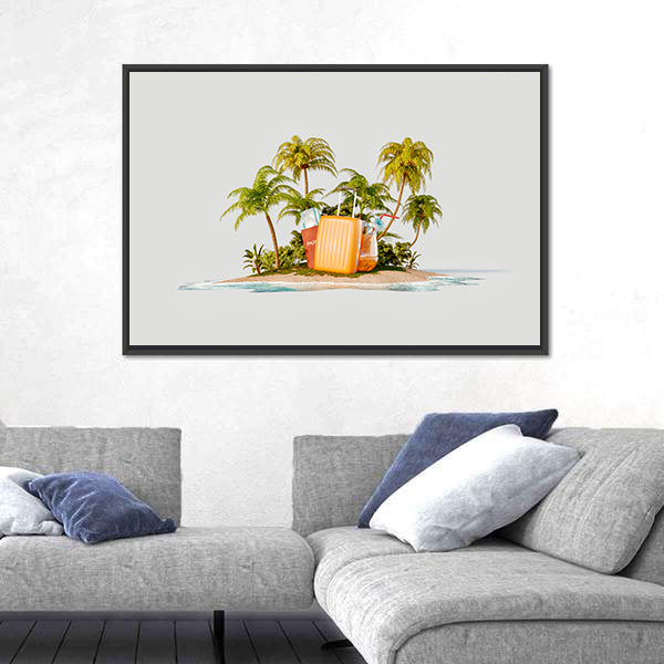 Tropical Island with Bright Orange Suitcase Canvas Wall Art