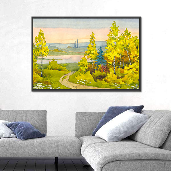 Watercolor Path To The Lake Canvas Wall Art