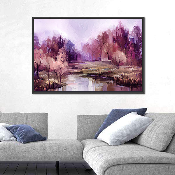 Autumn Forest Lake in Lavender Hues Canvas Wall Art