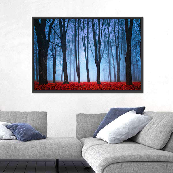 Foggy Autumn Forest with Red Leaves Canvas Wall Art